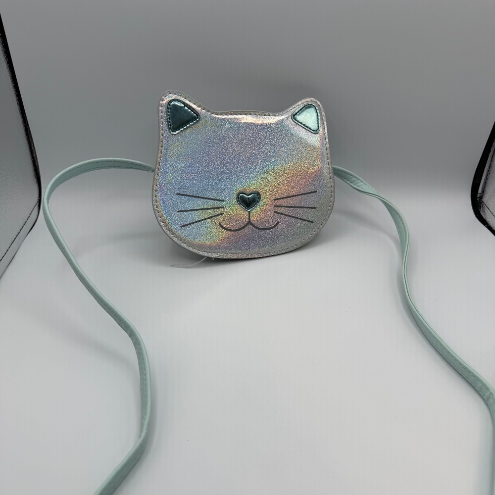 Girl's Iridescent Cat Face Small Kid's Cross Body Pearl/Teal Mini Purse